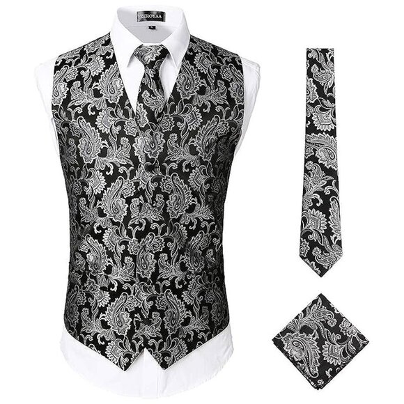 MENS Classic 3pc Jacquard Paisley Vest Set Zlsv08-black Silver